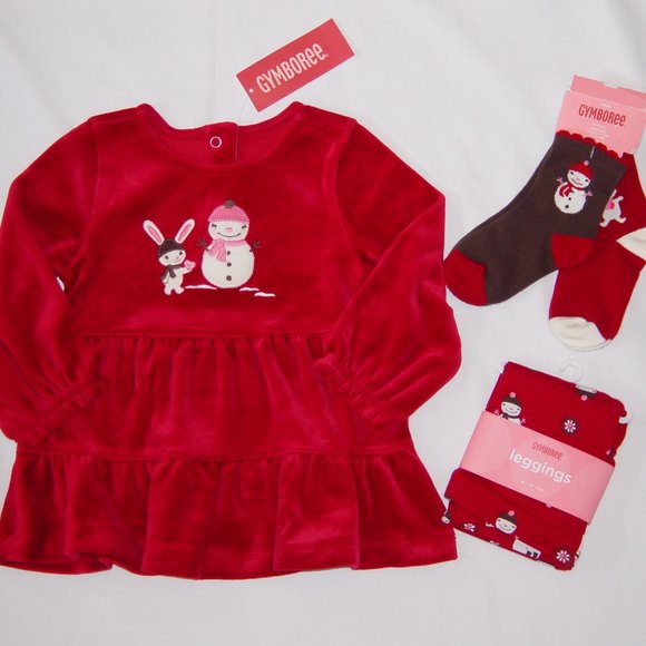 NWT Gymboree 6-12M or 18-24M outfit red snowman aline top leggings socks set - Picture 1 of 8